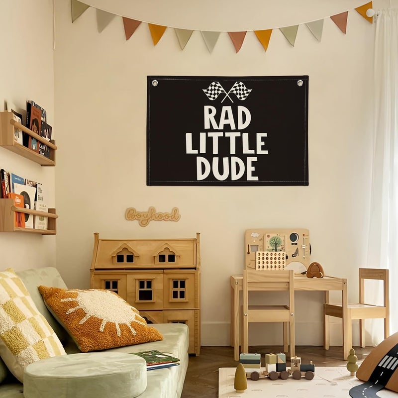 PLKMN Race Car Room Decor for Boys, Kids Playroom Decor Rad Little Dude Black Canvas Banner Wall Hanging Banner Flag, Classroom Decorations - Image 4